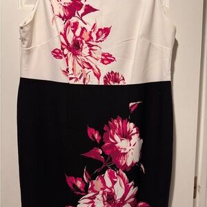 Lane Bryant Black & White Midi Dress with Magenta Floral Print